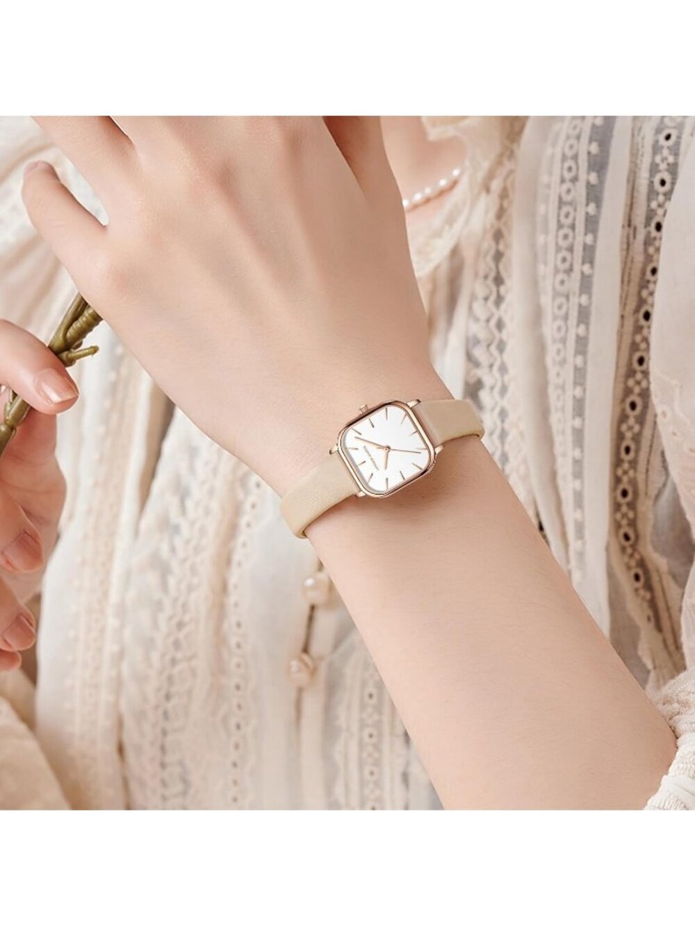 Women's White And Cream Analog Stainless Steel Vintage Rectangular Luxury Watch - Picture 3 of 6